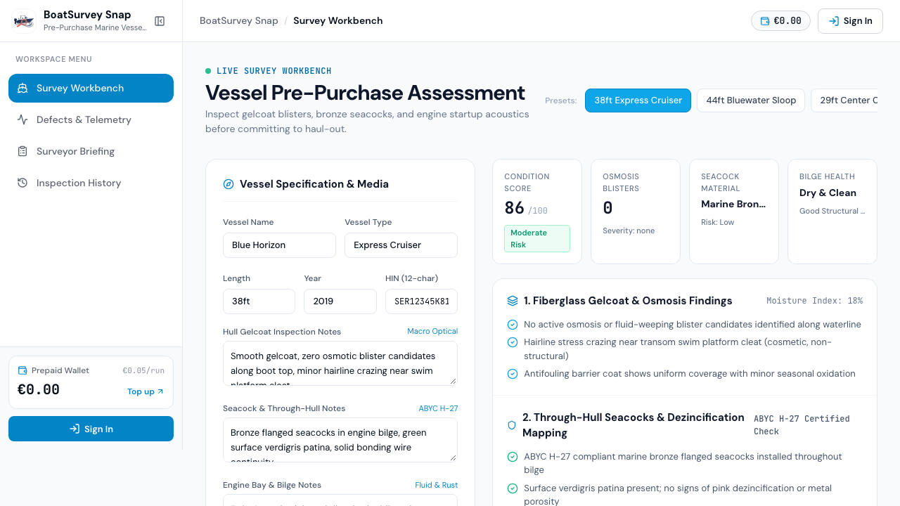 BoatSurvey Snap Platform Workspace Interface